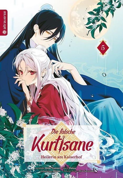 „Die falsche Kurtisane – Heilerin am Kaiserhof“ steht in roter Schrift. Zwei Anime-Figuren, umgeben von Blumen.