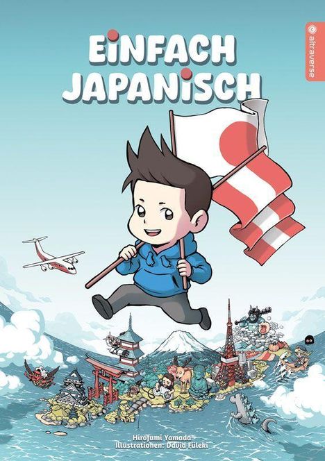 "Einfach Japanisch" – Illustration: Kind mit japanischer Flagge über Landschaft mit Mt. Fuji und kulturellen Ikonen.