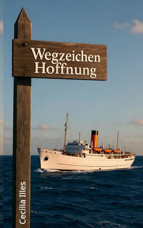 "Wegzeichen Hoffnung" steht auf einem Holzschild über einem weißen Schiff auf blauem Wasser.