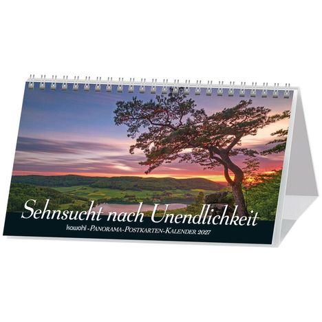 "Sehnsucht nach Unendlichkeit", 2027 Kalender. Landschaft mit Sonnenuntergang hinter einem Baum, der sich malerisch neigt.