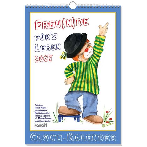 "FREU(N)DE FÜR'S LEBEN 2027" oben, "Clown-Kalender" unten. Ein Clown mit Hut und buntem Outfit tanzt fröhlich.