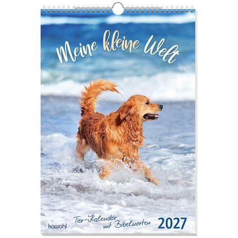 Text: "Meine kleine Welt", "Tier-Kalender mit Bibelworten", "2027". Hund spielt im Wasser, Hintergrund mit Wellen.