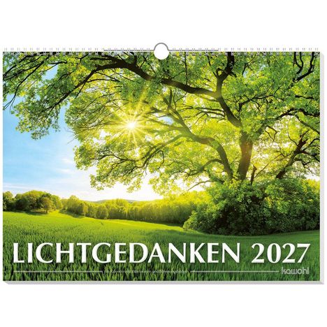 "Lichtgedanken 2027" steht unter einem großen, blühenden Baum mit Sonnenstrahlen und grüner Wiese darunter.