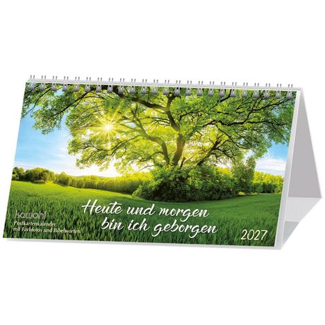 „Heute und morgen bin ich geborgen“ 2027. Postkartenkalender mit großem, sonnenbeschienenem Baum auf einer Wiese.