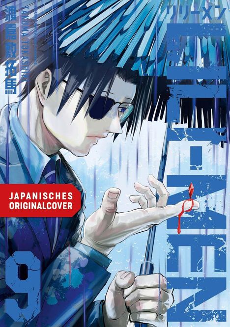 Text: "JAPANISCHES ORIGINALCOVER". Illustration: Mann mit Sonnenbrille, hält blutenden Finger, Regenschirm und Regen im Hintergrund.