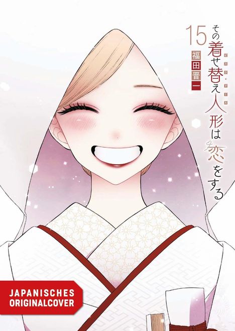 Text: "15", "JAPANISCHES ORIGINALCOVER". Illustration eines lächelnden Mädchens im Kimono mit Kapuze.