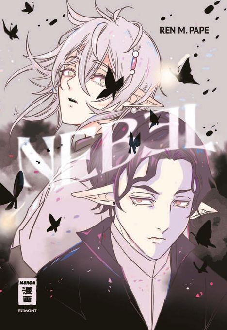 In der Illustration steht „REN M. PAPE“ und in großen Buchstaben „NEBEL“. Zwei Figuren mit spitzen Ohren, umgeben von Schmetterlingen.