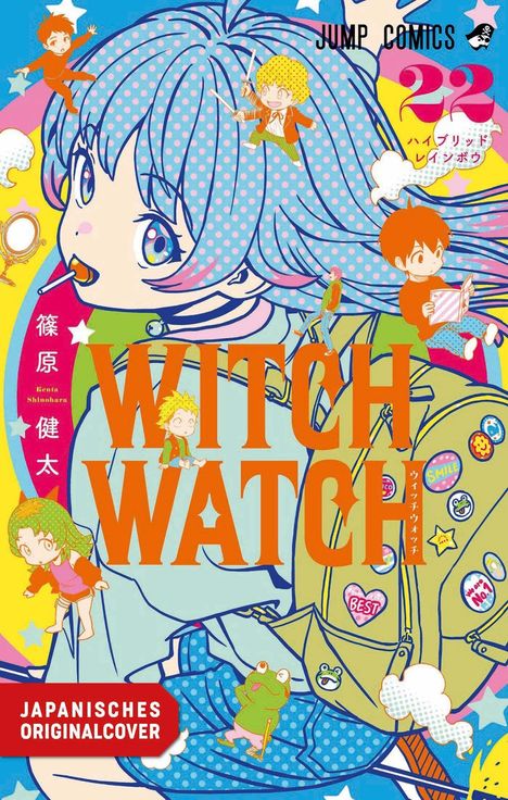 "WITCH WATCH" in großen, bunten Buchstaben. Anime-Stil: junge, farbenfrohe Illustrationen, gegen einen lebhaften Hintergrund.