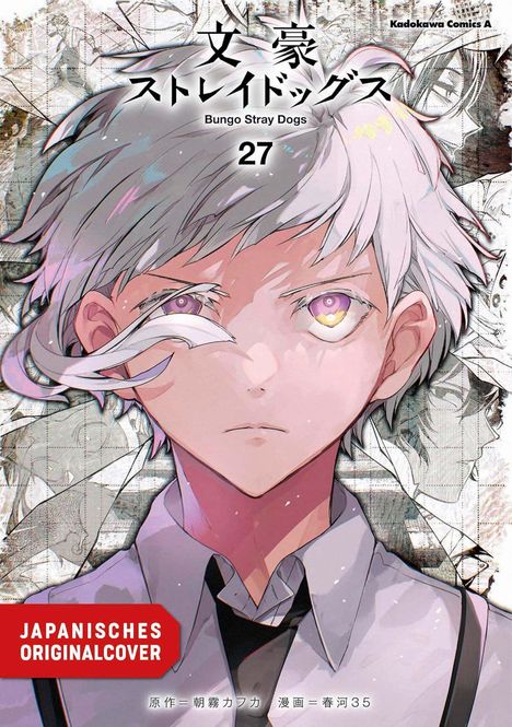 Titel: Bungo Stray Dogs 27. Japanisches Originalcover. Weißhaariger Junge mit ernstem Blick, umgeben von gezeichneten Details.