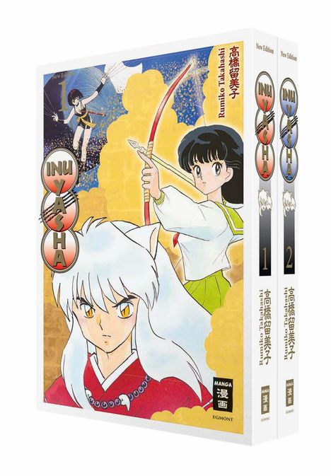 "Inu Yasha", "Rumiko Takahashi", "New Edition", "1", "2". Manga-Illustration mit Figuren, eine mit Pfeil und Bogen.