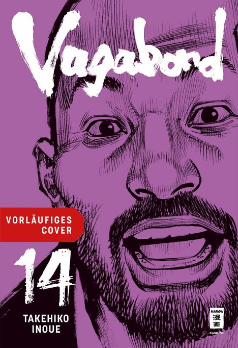 „Vagabond“, „Vorläufiges Cover 14“, „Takehiko Inoue“. Lila Hintergrund, illustriertes Gesichtsausdruck, Manga-Stil.