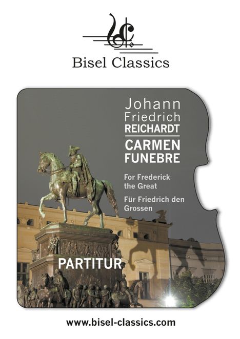 "Johann Friedrich Reichardt, Carmen Funebre. Für Friedrich den Großen, Partitur. Skulptur eines Reiters auf Sockel."

