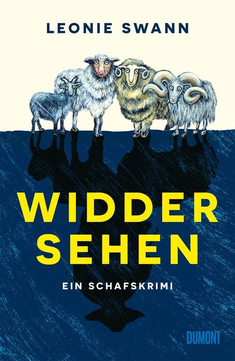 Oben: "LEONIE SWANN". Mitte: "WIDDER SEHEN". Unten: "EIN SCHAFSKRIMI". Drei Schafe und ein Widder stehen nebeneinander.