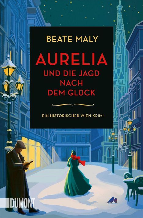 "Aurelia und die Jagd nach dem Glück" von Beate Maly. Winterliche Stadtszene mit einer Frau im grünen Mantel.