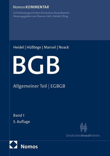 Text: "Nomos KOMMENTAR... BGB Allgemeiner Teil | EGBGB Band 1, 5. Auflage." Blaues Cover mit Verlag-Logo unten.