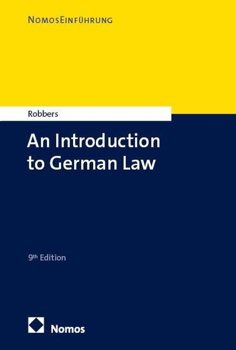 Text: "Nomos Einführung. Robbers. An Introduction to German Law. 9th Edition." Gelber und dunkelblauer Hintergrund.