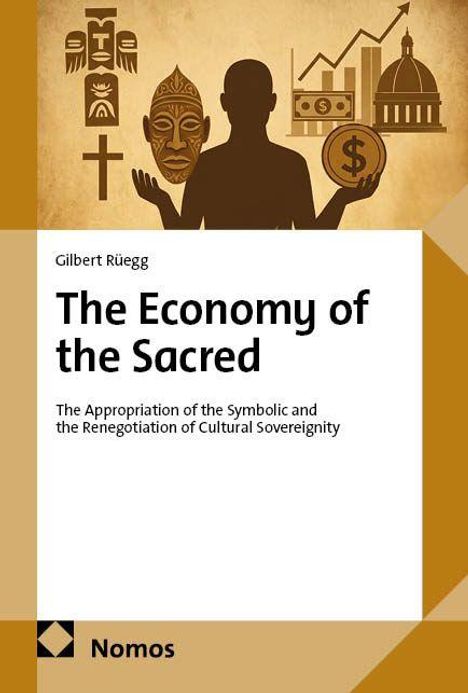 „The Economy of the Sacred“, Gilbert Rüegg. Silhouette mit kulturellen und wirtschaftlichen Symbolen im Hintergrund.