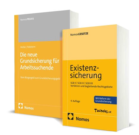 Zwei Bücher mit gelbem Cover. Titel: "Die neue Grundsicherung für Arbeitssuchende" und "Existenzsicherung".