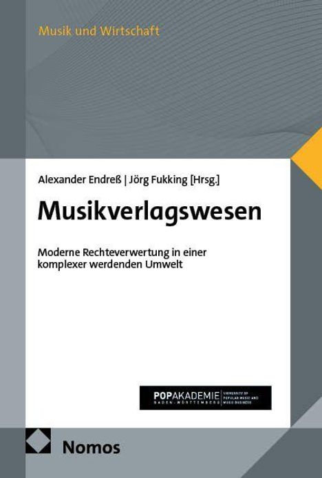 „Musikverlagswesen“ von Alexander Endreß und Jörg Fukking. Thema: Moderne Rechtsverwertung. Graues Cover mit geometrischen Formen.