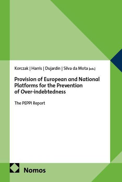 "Provision of European and National Platforms for the Prevention of Over-indebtedness" steht in schwarzem Text auf weißem Hintergrund. Links unten ist ein Logo von Nomos mit grünen geometrischen Formen im Hintergrund.