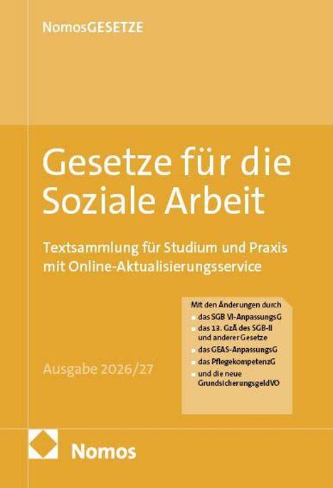 "Gesetze für die Soziale Arbeit" steht zentral. Eine Liste von Gesetzänderungen wird erwähnt. Unten links ist das Nomos-Logo.