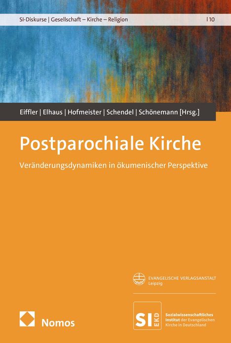 "Postparochiale Kirche" auf orangefarbenem Hintergrund; Gemälde mit blauen, grünen und roten abstrakten Mustern.