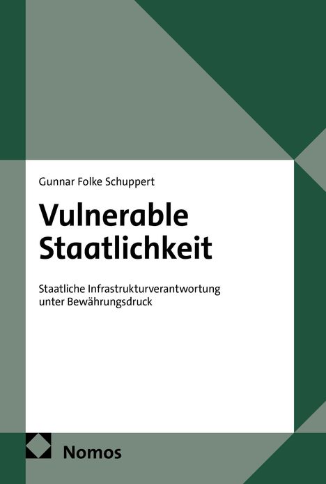 Text: "Gunnar Folke Schuppert, Vulnerable Staatlichkeit, Staatliche Infrastrukturverantwortung unter Bewährungsdruck, Nomos."  
Design: Geometrische Formen in Grüntönen.