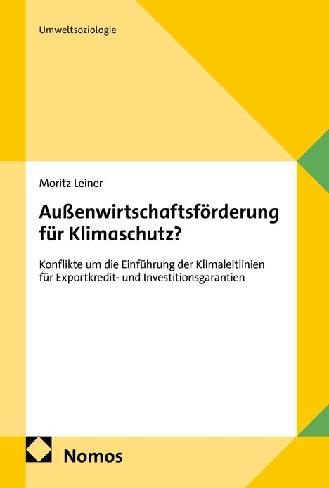 Titel: "Außenwirtschaftsförderung für Klimaschutz?" von Moritz Leiner. Gelbes, grünes und beiges geometrisches Design.