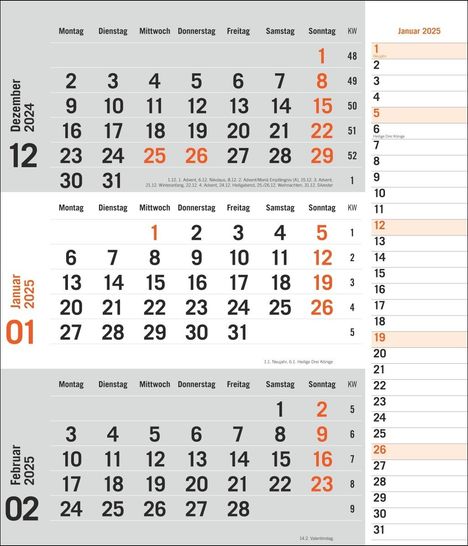 3-Monatsplaner, orange 2025, Kalender