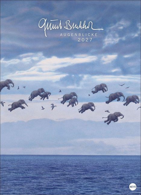Oben steht "Augenblicke 2027". Davor fliegen Elefanten und Vögel über einen Ozean unter blauem Himmel.