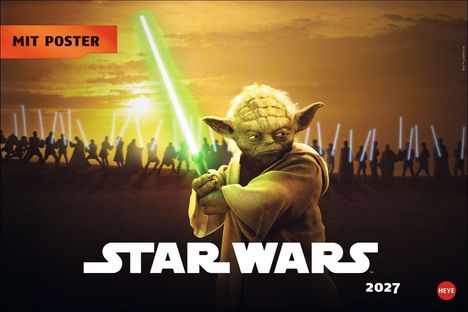 "MIT POSTER", "STAR WARS 2027". Illustration: Yoda mit grünem Lichtschwert vor einer Gruppe mit Lichtschwertern bei Sonnenuntergang.