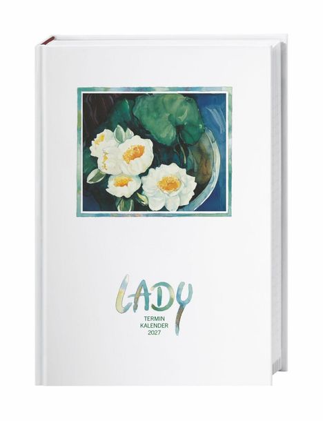 Text: "LADY TERMIN KALENDER 2027". Illustration mit weißen Blumen und grünen Blättern.