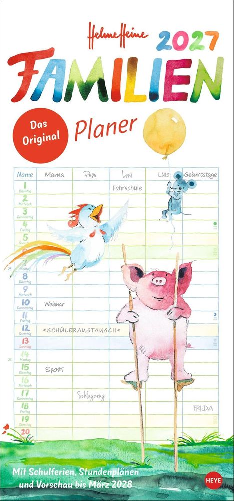 Text: "Familienplaner 2027", "Das Original", "Mit Schulferien...", "Name", "Mama", "Papa". Illustration: Tiere und Tabelle.