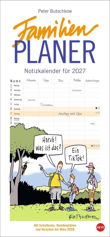 "Familienplaner, Notizkalender für 2027. Horch! Was ist das? Ein TikTok!"  
Illustration von Familie mit Baum und Specht.