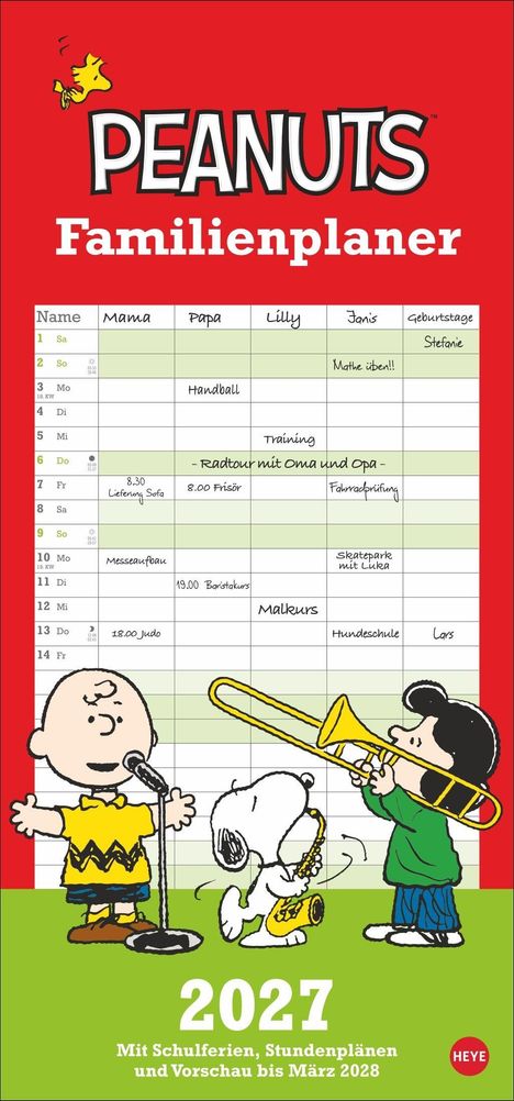 "PEANUTS Familienplaner 2027 mit Schulferien, Stundenplänen und Vorschau bis März 2028." Comic-Illustration von Figuren.