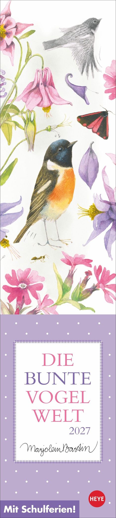 "Die bunte Vogelwelt 2027", Illustration von Vögeln und Blumen, mit violettem Hintergrund und rotem Kreis mit "HEY".