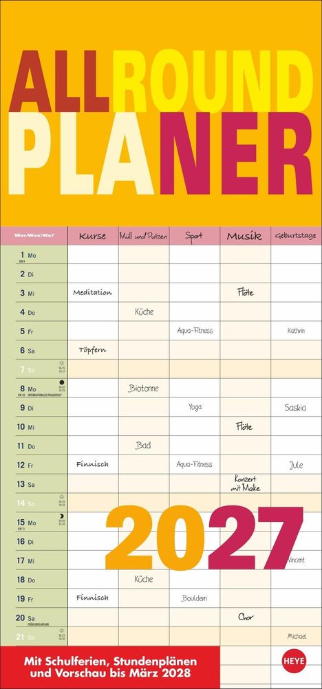 Text: "ALLROUND PLANER 2027. Mit Schulferien, Stundenplänen und Vorschau bis März 2028."  
Ein bunter Kalender mit Wochenübersicht.