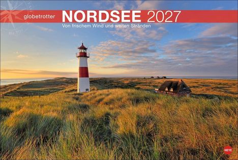 Text oben: "globetrotter NORDSEE 2027 Von frischem Wind und weiten Stränden." Ein Leuchtturm in einer Dünenlandschaft.
