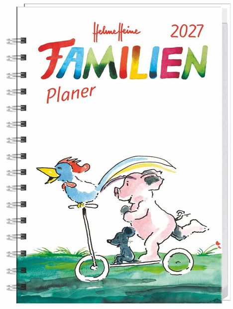 "Familien Planer 2027" in bunten Buchstaben. Eine Illustration von Hahn, Schwein und Maus auf einem Roller.