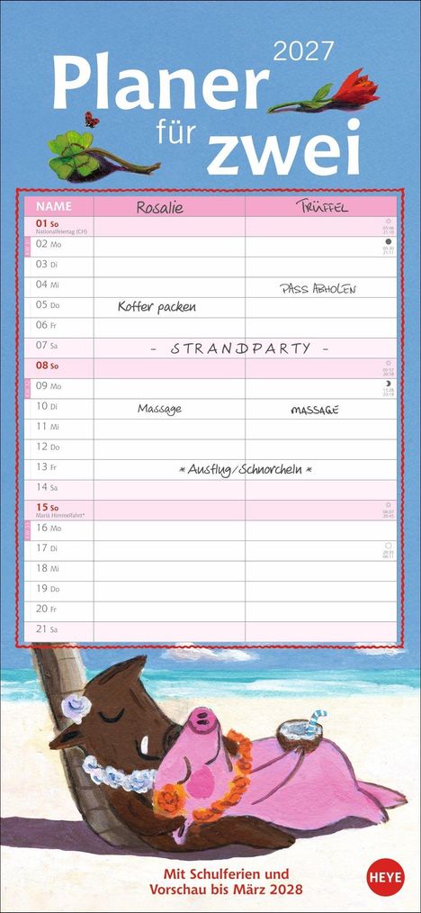 "Planer für zwei 2027. Name: Rosalie, Trüffel. Koffer packen, Pass abholen, STRANDPARTY, Massage." Illustration: Zwei Schweine am Strand.