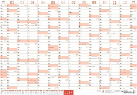 Kalender für das Jahr 2027, Monate und Tage in Spalten. Feiertage in Rot markiert. Dez 2026 und Jan 2028 enthalten.