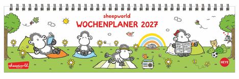 Oben steht "WOCHEWOCHE WOCHENPLANER 2027" in Rot. Illustration: Schafe in einem Park, eins liest Zeitung.