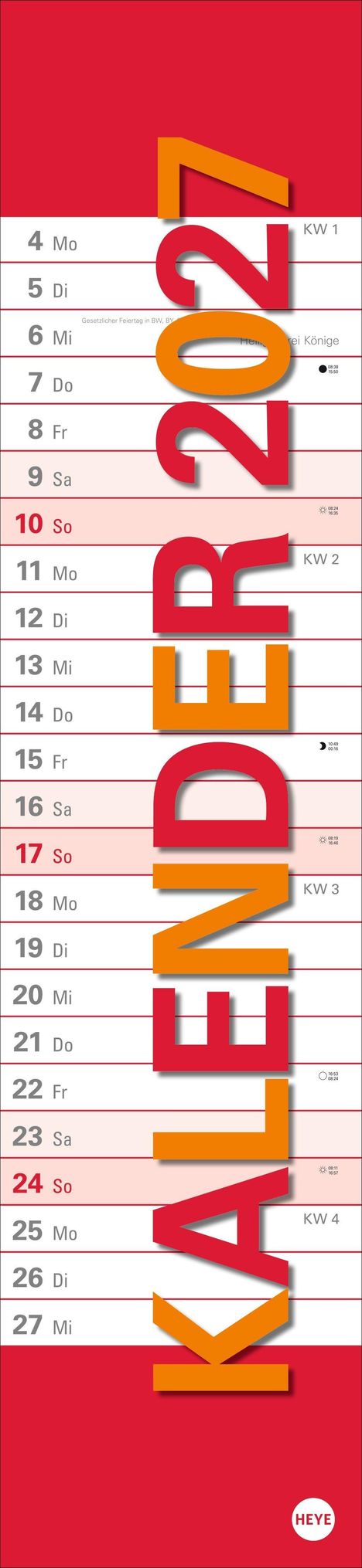 Kalender 2027 in großen Buchstaben. Januar mit Wochenzahlen KW 1-4. Feiertag am 6.: Heilige Drei Könige.