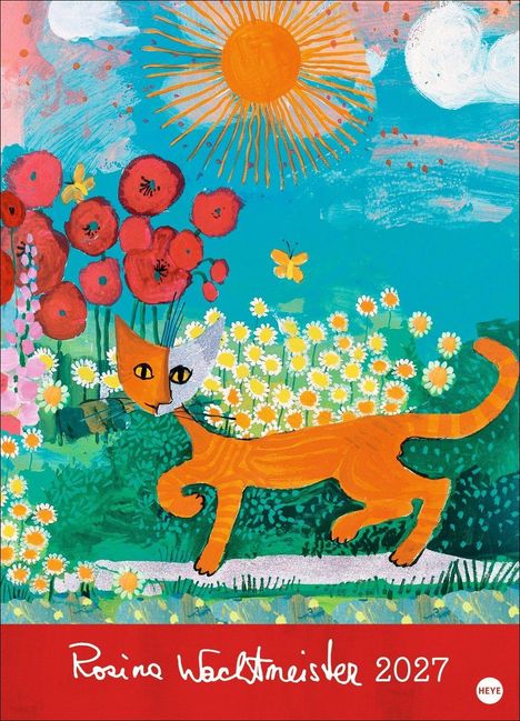 **Rosina Wachtmeister 2027**: Bunte Illustration mit einer Katze, Blumen, Schmetterlingen und Sonne.