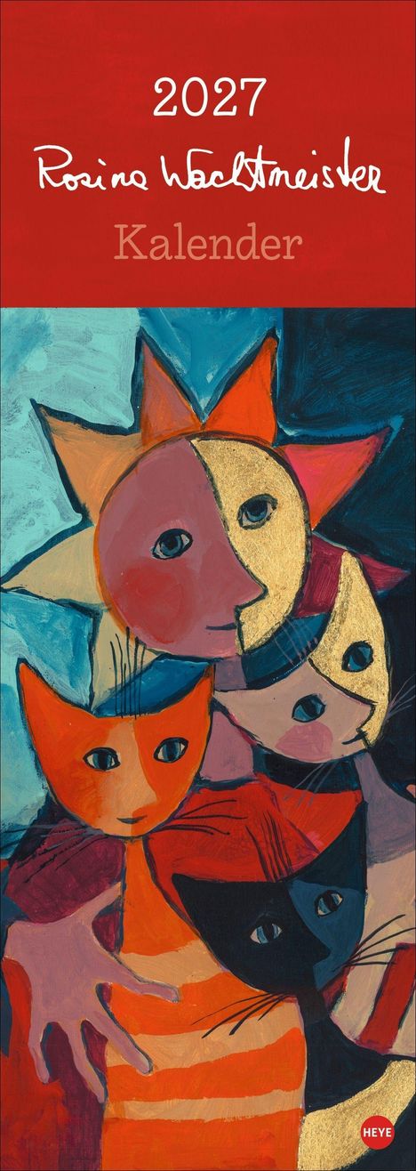 Text: 2027, Rosina Wachtmeister, Kalender. Bunte Illustration mit Sonne und drei stilisierten Katzen.