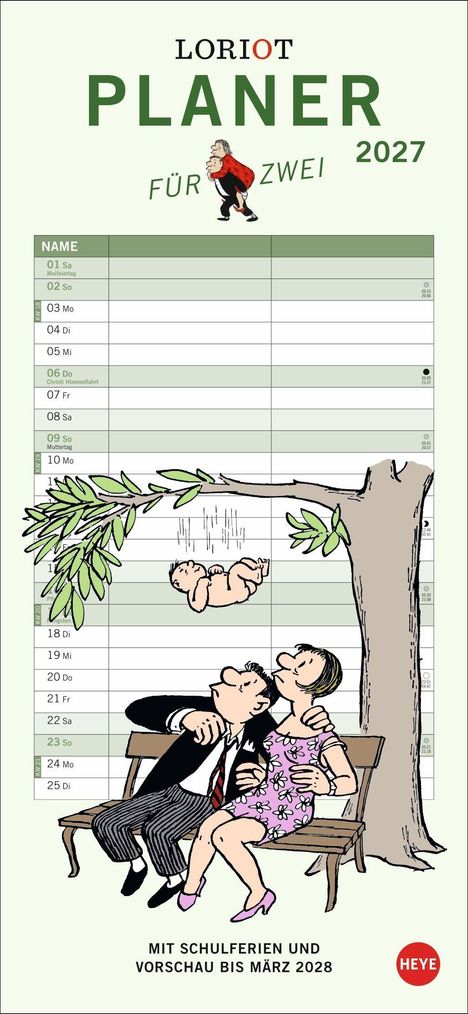 "Loriot Planer für Zwei 2027. Illustration: Ein Paar sitzt auf einer Bank, ein Baby schwebt über ihnen."