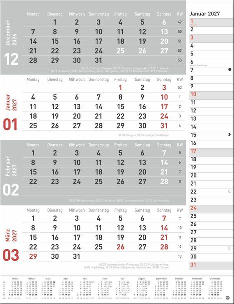 Kalender für Dezember 2026 bis März 2027. Enthält Feiertage wie Neujahr, Valentinstag und Heilige Drei Könige.