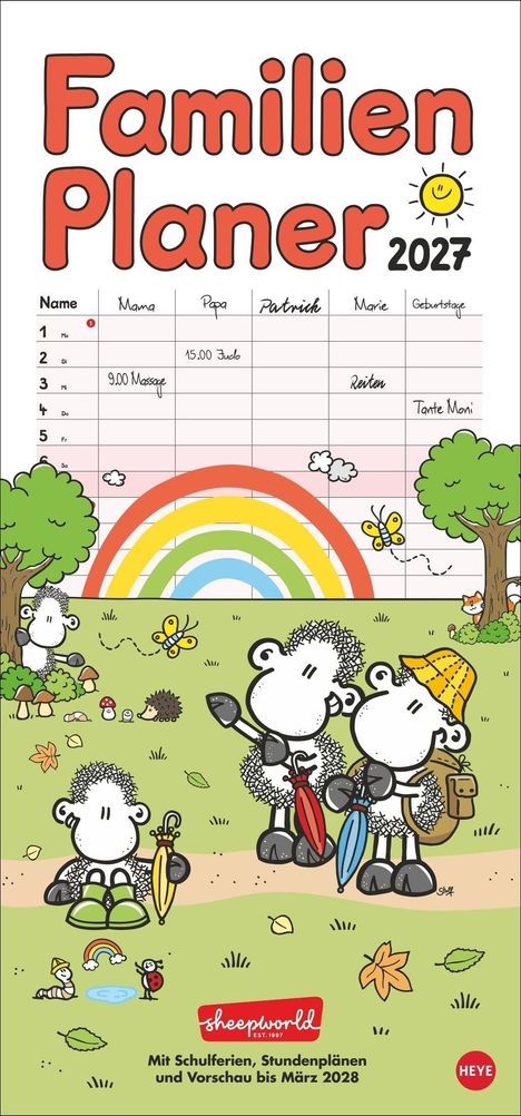 „Familien Planer 2027“ steht groß, darunter ist eine Tabelle mit Namen und Terminen. Darunter sind bunte Schafe und ein Regenbogen.