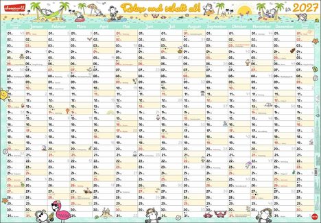 Jahreskalender für 2027 mit farbig markierten Feiertagen. Illustrationen von Schafen und Palmen oben.