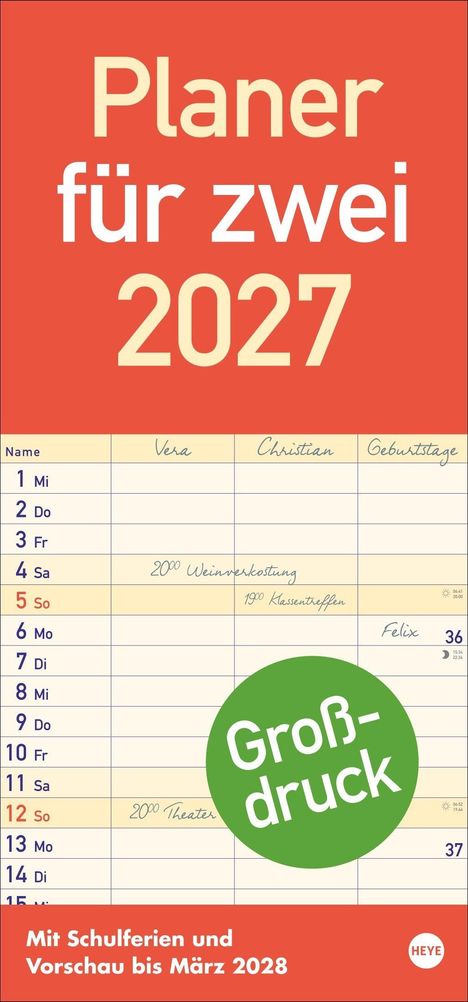 "Planer für zwei 2027" steht in großen Buchstaben. Tabelle mit Namen: Vera, Christian. Großdruck und Zusatzinfos unten.
